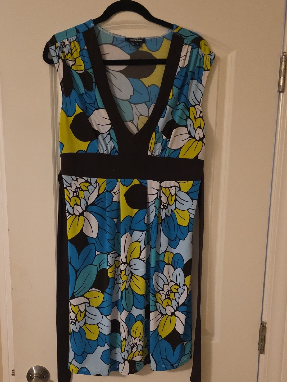 My Michelle Blue, Yellow and Black Floral V-Neck Midi Dress